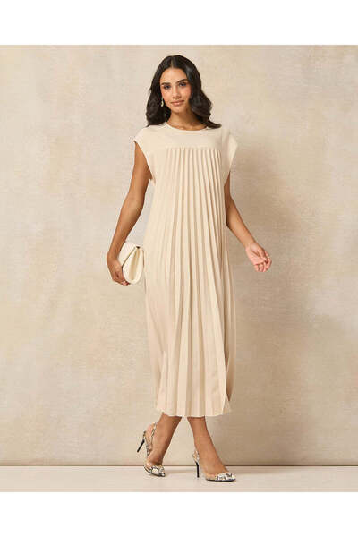 REDTAG Women Beige Pleated A Line Beige Dress