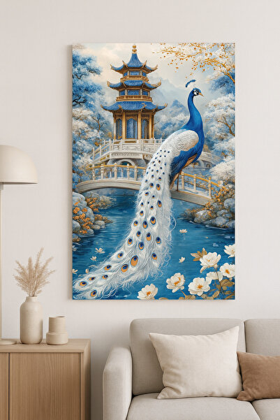 BLT DİZAYN Blue and White Feng Shui Peacock Glass Painting – Abundance Energy Wall Decor