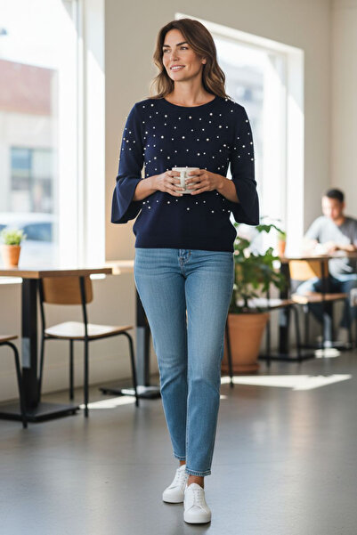 OEM Pulover dama elegant albastru cu maneci evazate si perle