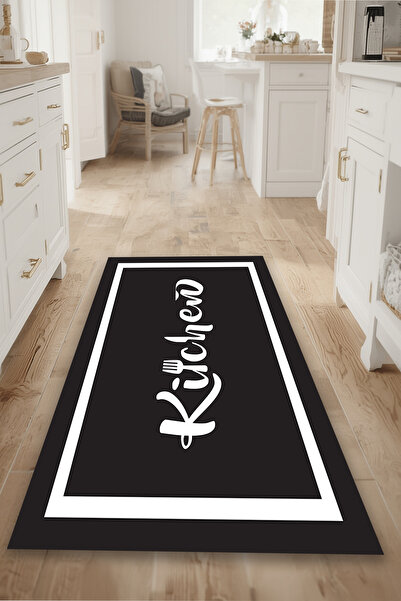 Kessy Home Studio Kitchen Yazılı Mutfak Halısı Dijital Baskı Kaymaz Taban Hal...