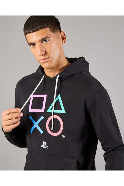 REDTAG Men Black Play Station Hooded Sweatshirt