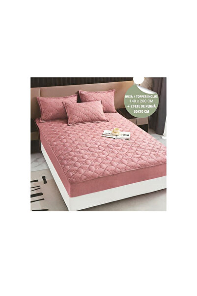 Truva Grup Husă de Pat din Catifea Tip Topper 140x200 cm + 2 Fețe de Pernă – Ultra Moale, Antialunecare