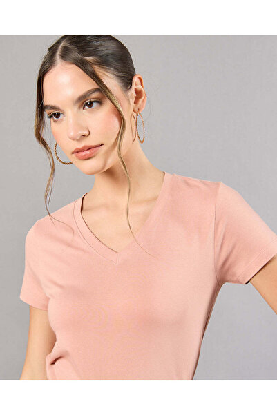 REDTAG Women Pink V-Neck Basic T-Shirt