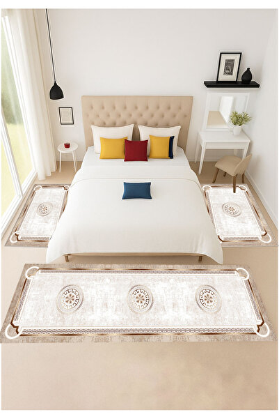 STY Home Krem Dijital Baskılı 3 'lü Yatak Odası Halısı Yolluk Takımı 80x150 2 Adet 80x300 1 Adet 31