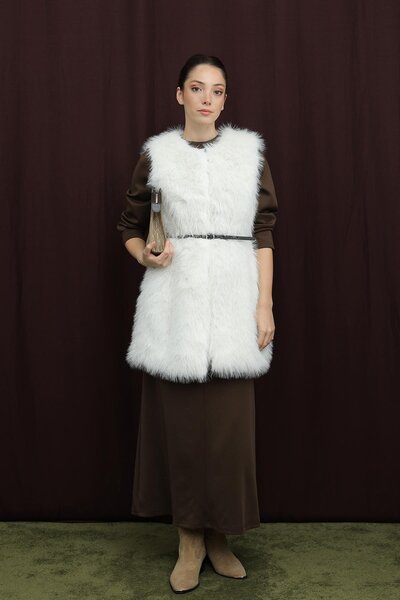 Puane Women's Belted Lolita Fur Vest - 15223Ylk - Ecru