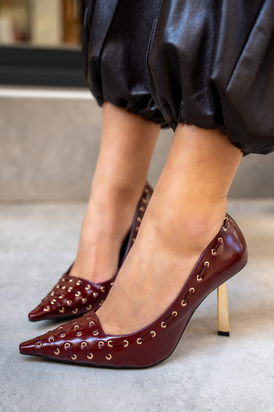 LAMİNTA Elvis Burgundy Leather Women's Studded Detailed Heeled Shoes