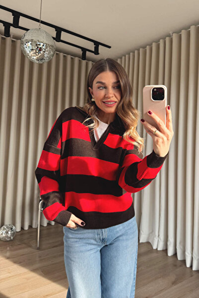 Sue Store Pulover cu decolteu în V cu dungi roșii maro supradimensionat