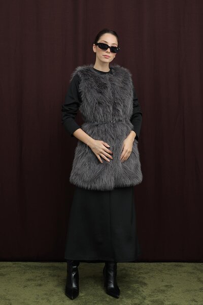 Puane Women's Belted Lolita Fur Vest - 15223Ylk - Antracite