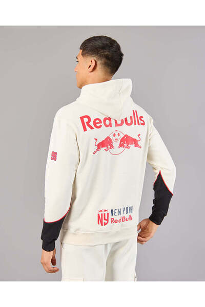 REDTAG Men Ivory Red Bull Hooded Sweatshirt