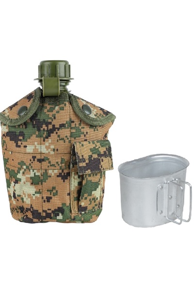 zola Water container, cover and cup included, 1 l, military model, plastic and aluminum, army brown