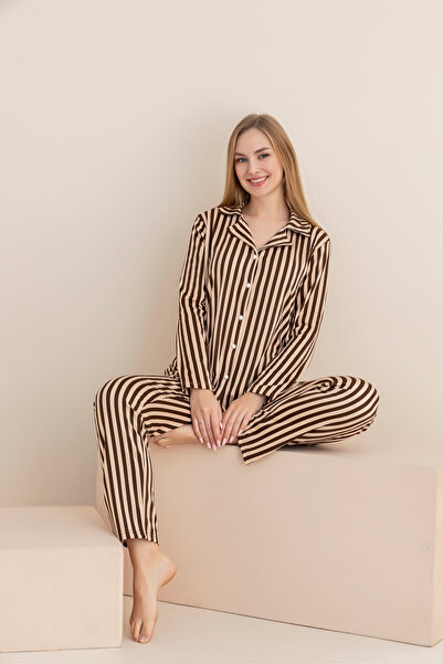 rindahomewear Women's Black Striped Patterned Milan Knitted Lisbon Buttoned Pajama Set
