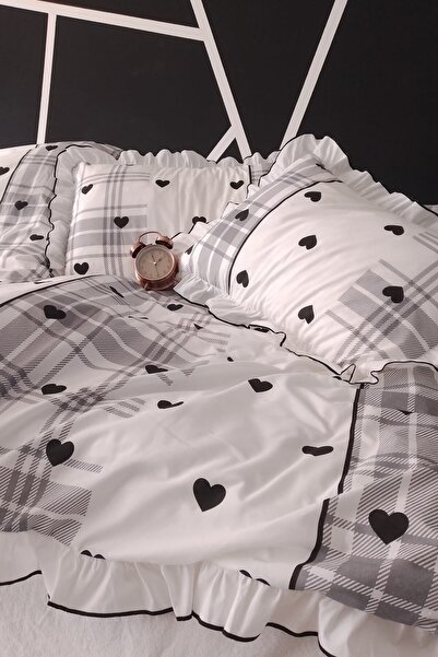 GÖRMEZ TEKSTİL Love Check - Black Double Size Ornate Stitched Ruffle Bedding Set Natural Cotton