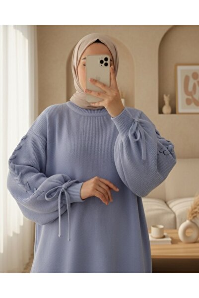 Modamorfo Round Neck Sleeve Knit Detailed Sweater - Indigo