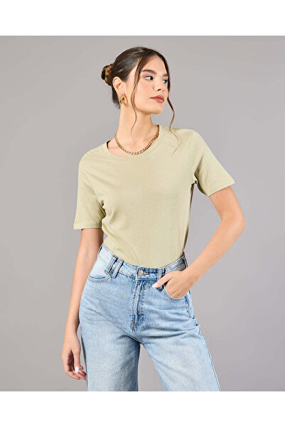 REDTAG Women Green Crew Neck Basic T-Shirt