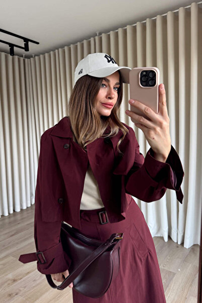 Sue Store Burgundy Belted Skirt Trench Coat Set