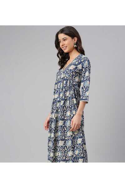 IndHeritage Premium cotton office / casual dress - Dark blue dress for women with white floral prints