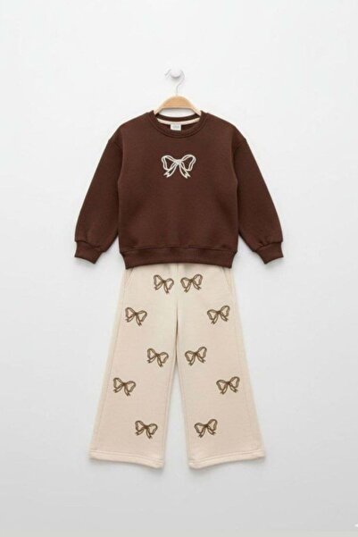 wakawakakidsstore Brown & Cream Heart Printed Girls' Tracksuit Set