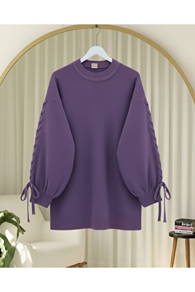 Modamorfo Round Neck Sleeve Knit Detailed Sweater - Purple