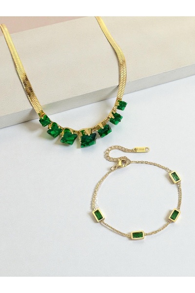 NEW STYLE Stainless steel accessory set (choker size 38 + 6 cm) and bracelet (16 + 5 cm) with royal green zircon, comes in a suitable gift box.