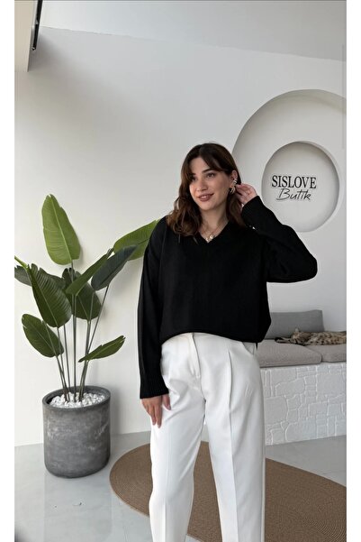 BLACK PEARL V Yaka Oversıze Kadın Triko Kazak