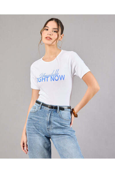 REDTAG تي شيرت نسائي أبيض مطبوع ضلع