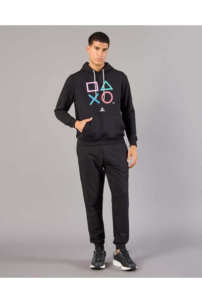 REDTAG Men Black Play Station Hooded Sweatshirt