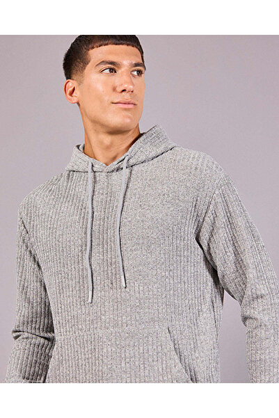REDTAG Men Grey Hooded Sweatshirt