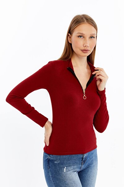 Maison La Femme Women's Long Sleeve Half Zipper Slim Fit Tshirt