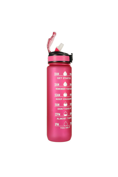 zola 1000 ml water bottle with straw, locking lid, time marker, durable handle, pink