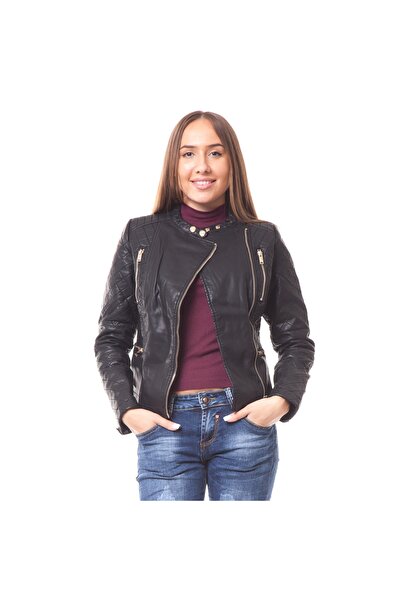 TINKA Fashion Geacă biker neagră din piele ecologică