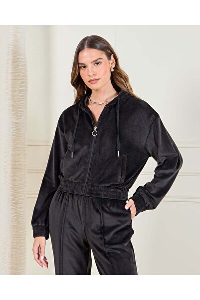 REDTAG Women Black Hooded Velour Active Sweatshirt