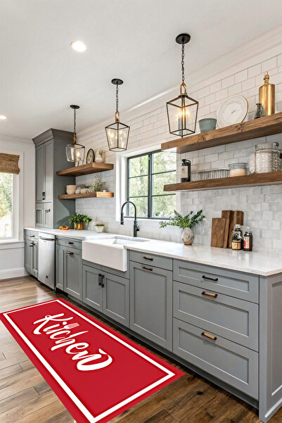 Kessy Home Studio Kitchen Yazılı Mutfak Halısı Dijital Baskı Kaymaz Taban Hal...