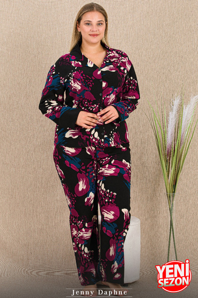 Jenny Daphne Warm Non-Sweaty Belmando Viscose Fabric Buttoned Top Plus Size Pajama Set