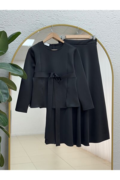 MİHRA STORE Filiana Tie-Up Skuba Skirted Suit-Mt8577 Black
