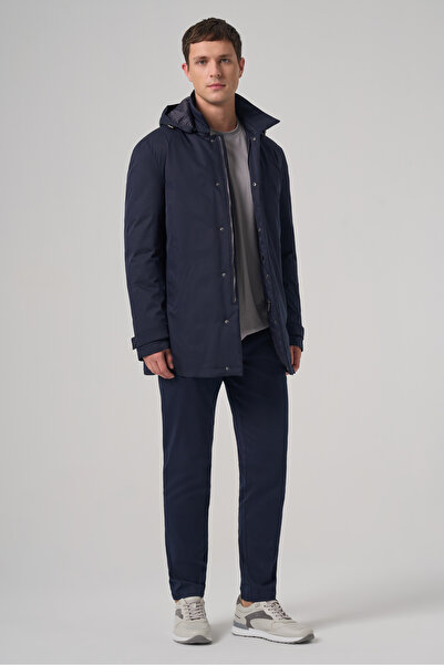 Morven Men's Navy Blue Trendy Hooded Collar Long Coat