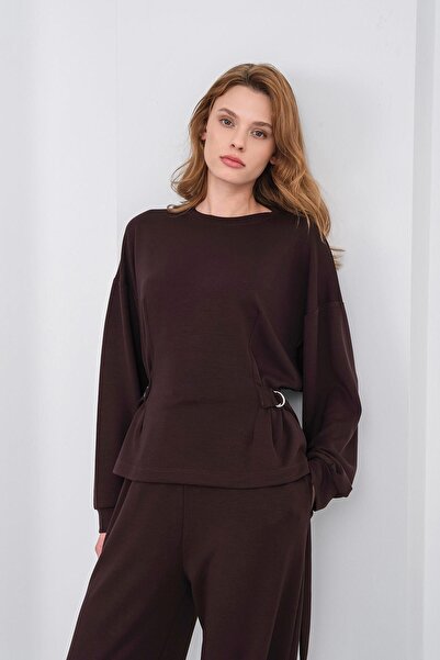 Basicpark Coffee Women's Soft Textured Premium Modal Turtleneck Asymmetric Cut Bottom-Top Set