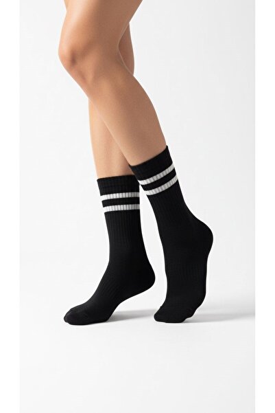 Plus Scorpion Women's 2-Pack Tennis Socks – Black and White Striped Sports Socks – Breathable Comfortable Toe Socks