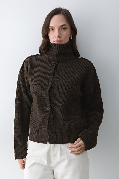 Laluvia Acı Kahve Mock Neck Cardigan with Epaulettes - 2028