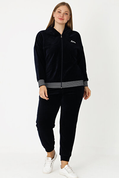İntensive Navy Blue Zippered Hooded Cotton Velvet Long Sleeve Printed Pocket Women's Plus Size Tracksuit Set