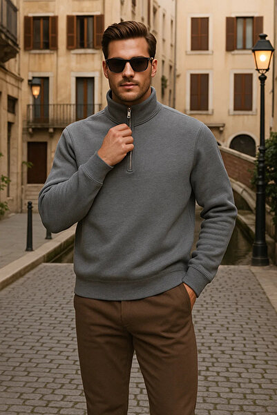 DAMGA JEANS Ανδρικό χειμερινό φούτερ με φερμουάρ ανθρακί με λαιμόκοψη πόλο