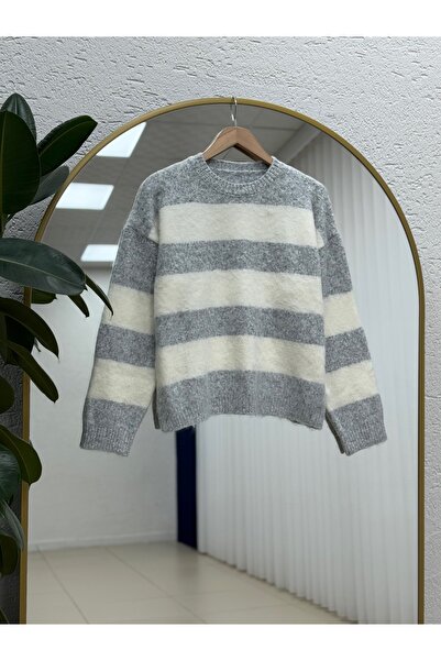 MİHRA STORE Fhiona Thick Striped Bearded Sweater-Zi̇7029 Gray