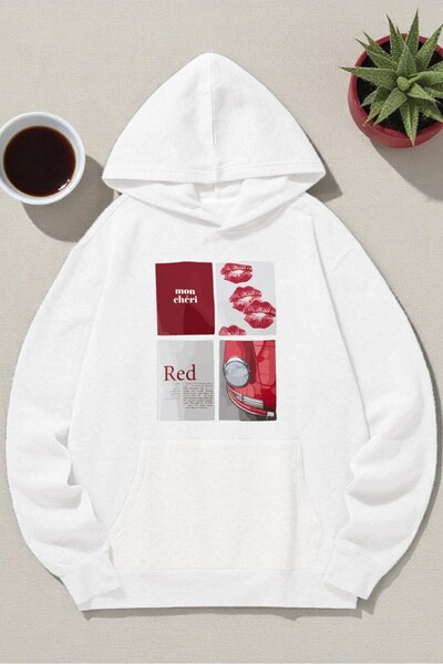 uyguntarz Unisex Red Mon Cheri Printed Hooded Sweatshirt