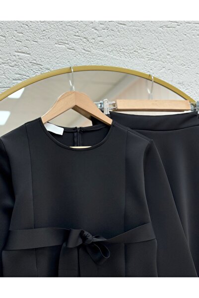 MİHRA STORE Filiana Tie-Up Skuba Skirted Suit-Mt8577 Black