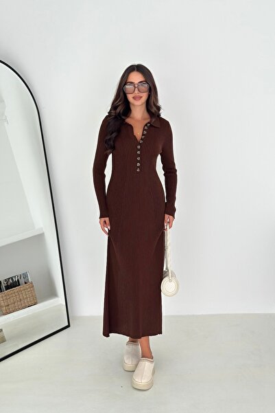 Noi Belis Maxi Boy Half Placket Button Detailed Knitwear Dress Aw25El0022