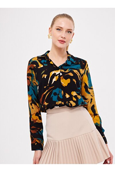 armonika Women's Black-Yellow Patterned Long Sleeve Hijab Shirt Arm-26K001072