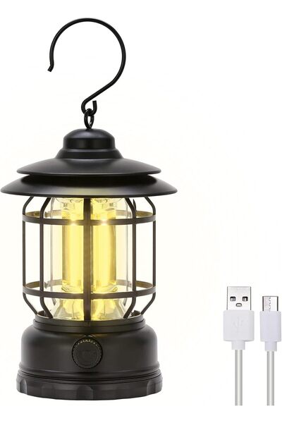 NEONI Rechargeable Portable LED Camping Lantern - Vintage Hanging Tabletop Light (Black)