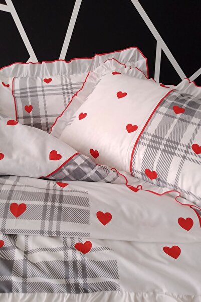 GÖRMEZ TEKSTİL Love Check - Red Double Size Ornate Stitched Ruffle Bedding Set Natural Cotton