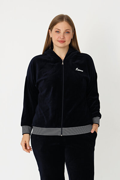İntensive Navy Blue Zippered Hooded Cotton Velvet Long Sleeve Printed Pocket Women's Plus Size Tracksuit Set