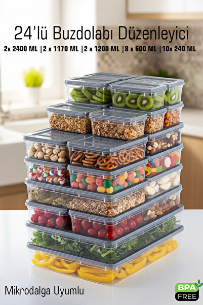 FİTHOME 24-Piece Shallow Refrigerator and Freezer Organizer Storage Container Set Microwave Safe Bpa Free