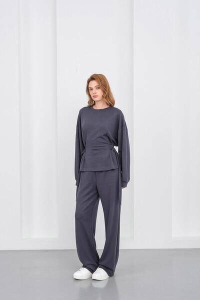 Basicpark Smoked Women's Soft Textured Premium Modal Turtleneck Asymmetric Cut Bottom-Top Set